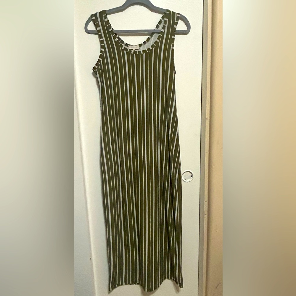 Long green and white striped dress. Fits nice but also roomy. Ready to let it go